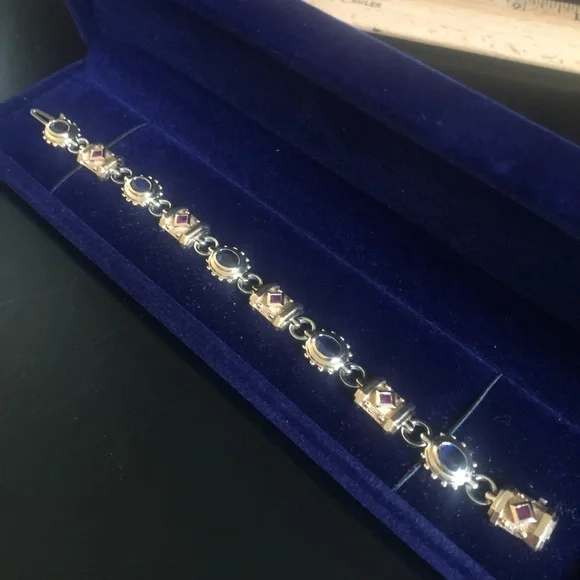 🌷Etruscan Revival Statement Bracelet Multi Colored Gemstones 14K Gold - Picture 9 of 16